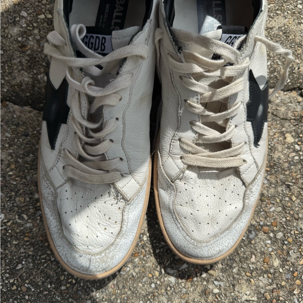 Golden Goose White and Black Sneakers with Worn-In Style